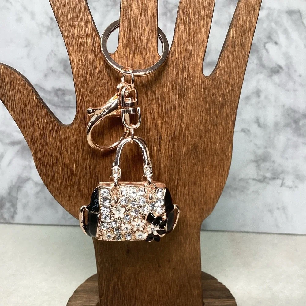 2-Way Black Floral Rhinestone Handbag Charm‎ - Key Chain Rose Gold Tone EUC